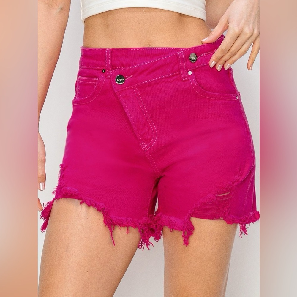 Hot Pink Frayed Hem High-Waist Shorts